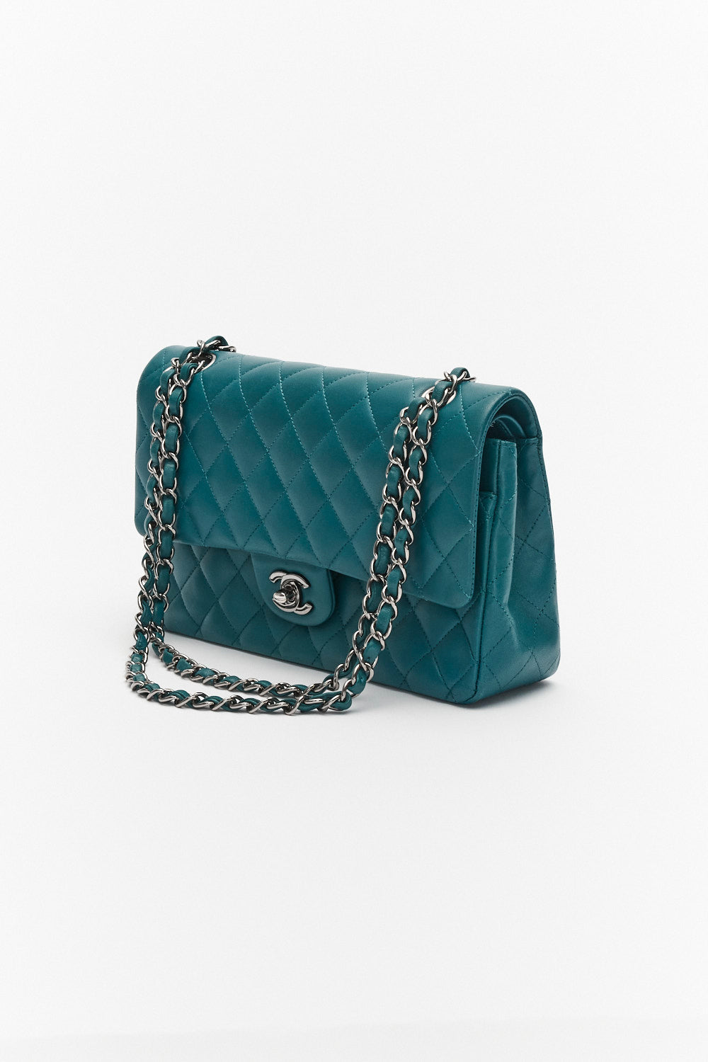 Chanel Medium Teal Classic Double Flap Bag in Lambskin Leather with Silver Hardware