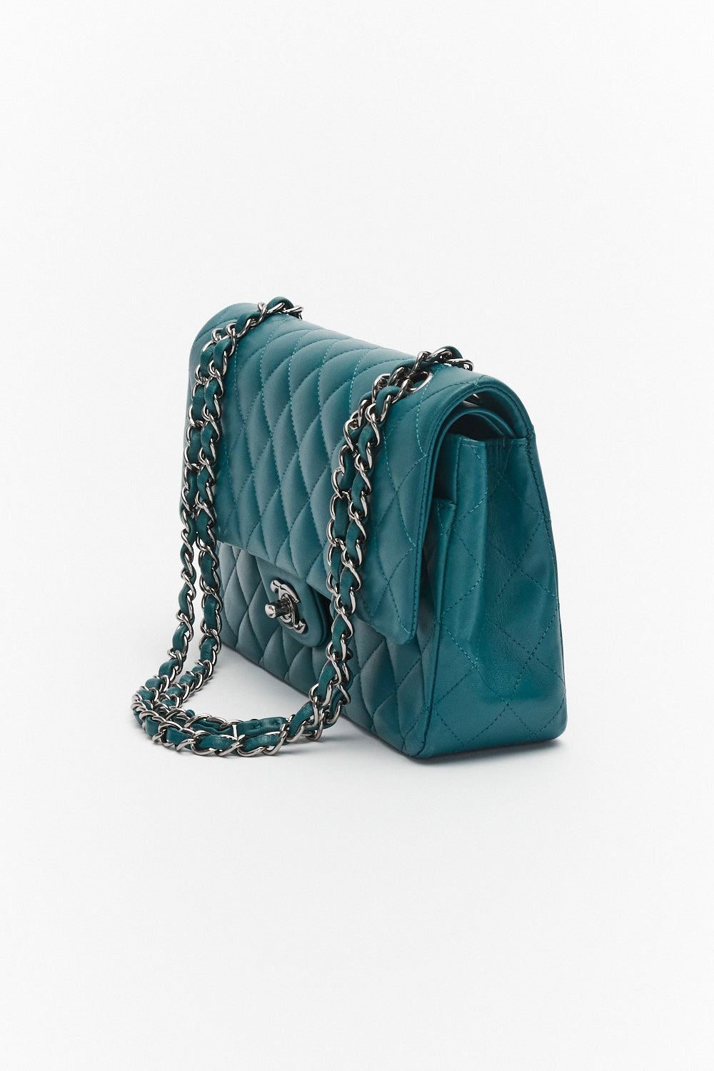 Chanel Medium Teal Classic Double Flap Bag in Lambskin Leather with Silver Hardware