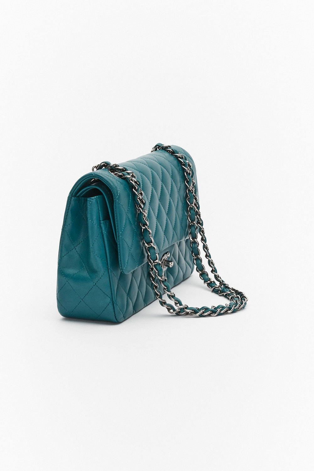 Chanel Medium Teal Classic Double Flap Bag in Lambskin Leather with Silver Hardware