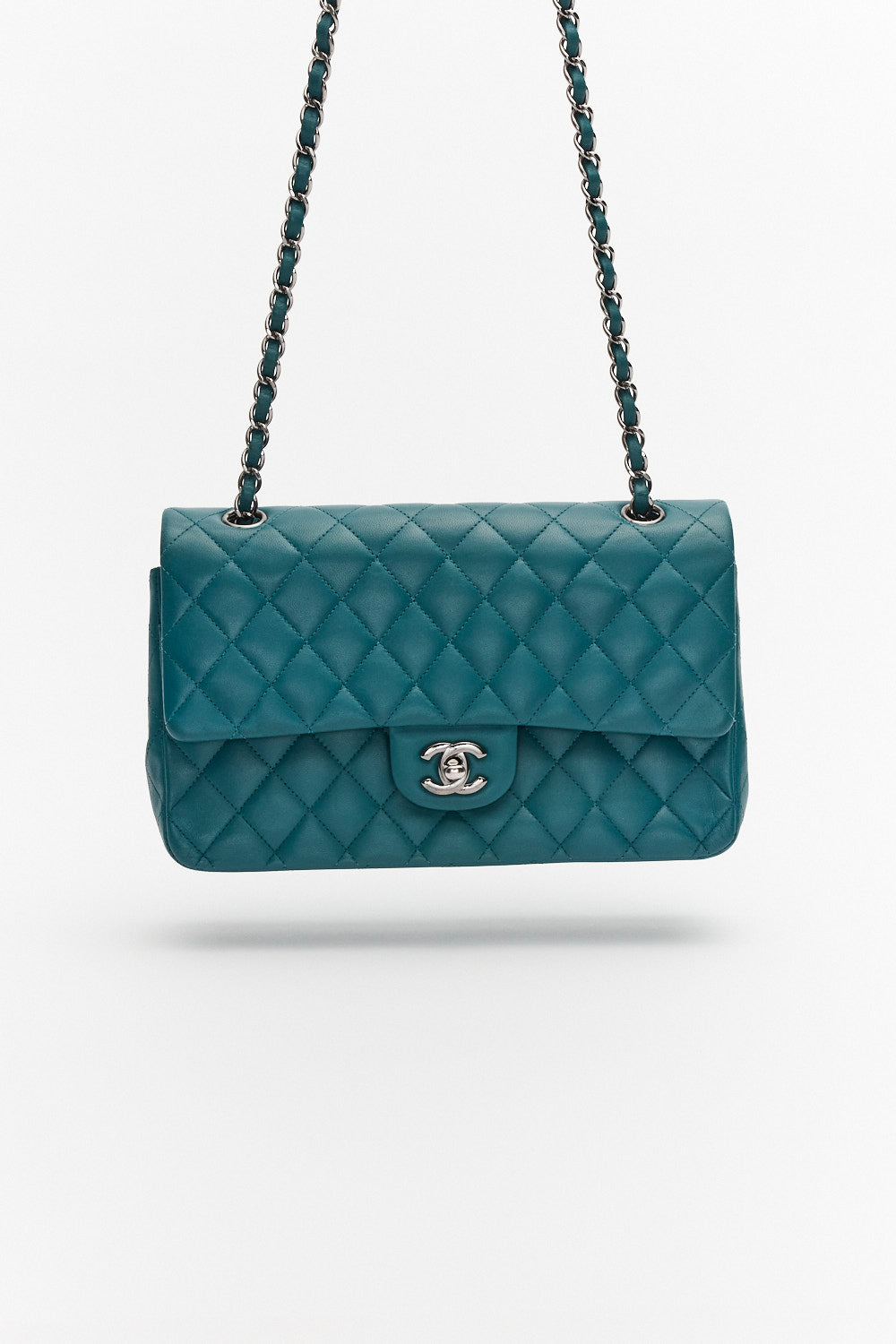 Chanel Medium Teal Classic Double Flap Bag in Lambskin Leather with Silver Hardware