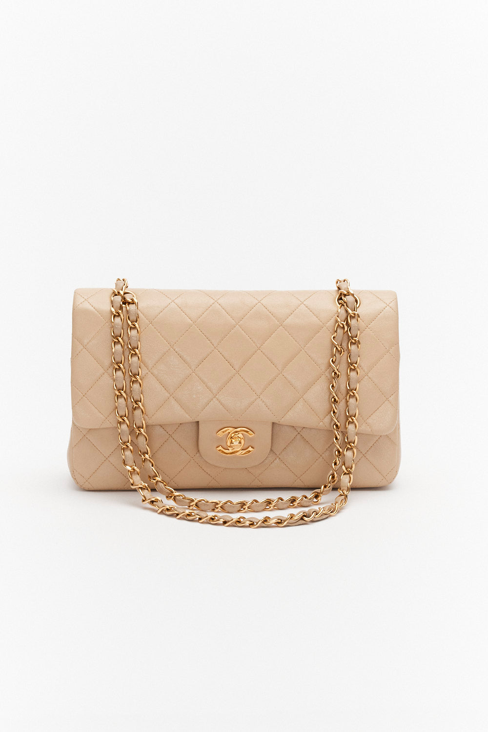 Chanel Vintage Medium Beige Classic Double Flap in Lambskin Leather with Gold Hardware