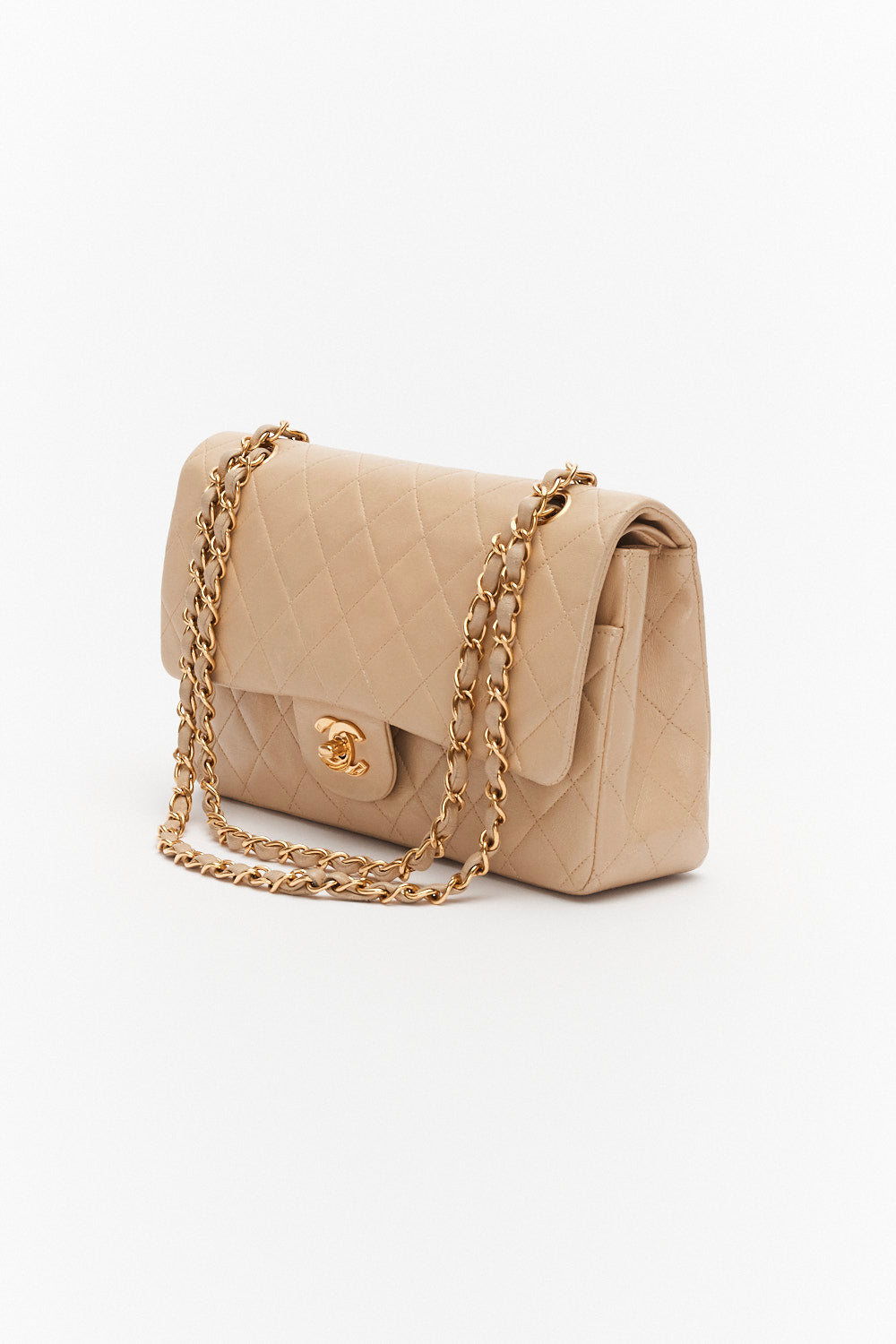 Chanel Vintage Medium Beige Classic Double Flap in Lambskin Leather with Gold Hardware