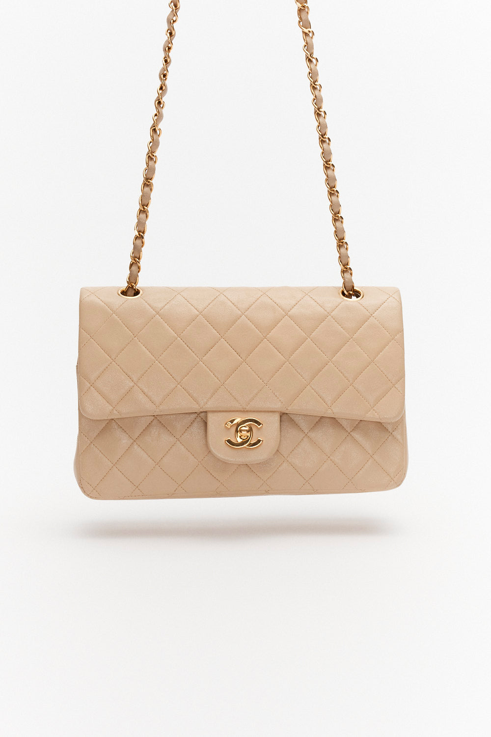 Chanel Vintage Medium Beige Classic Double Flap in Lambskin Leather with Gold Hardware