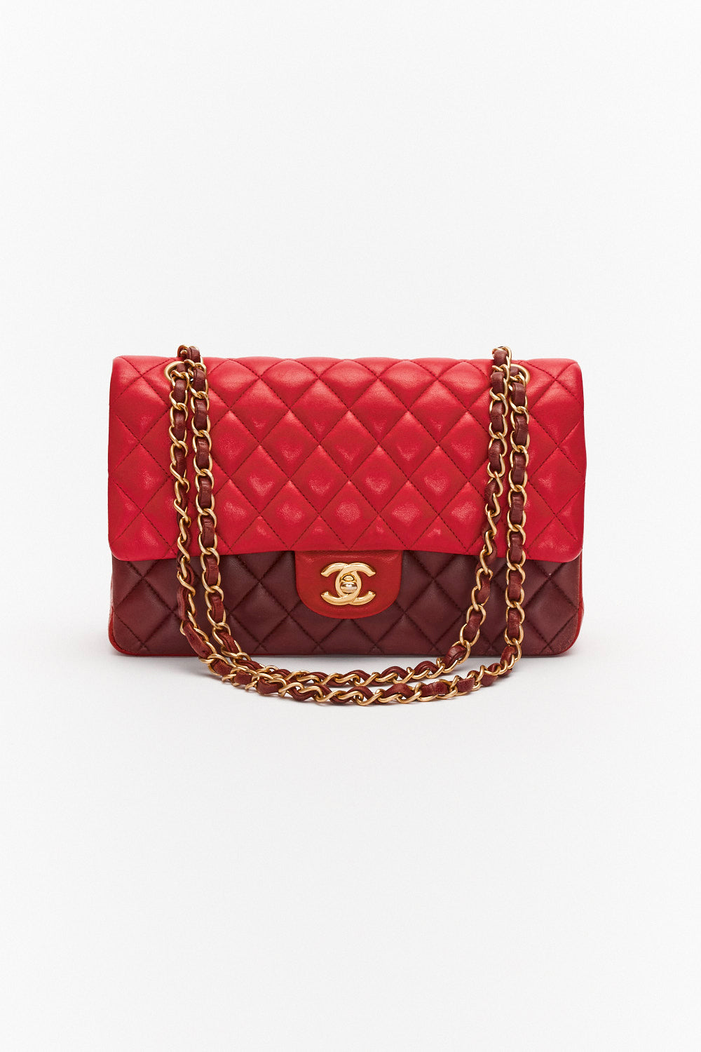 Chanel Medium Tricolor Red Classic Double Flap Bag in Lambskin Leather with Gold Hardware