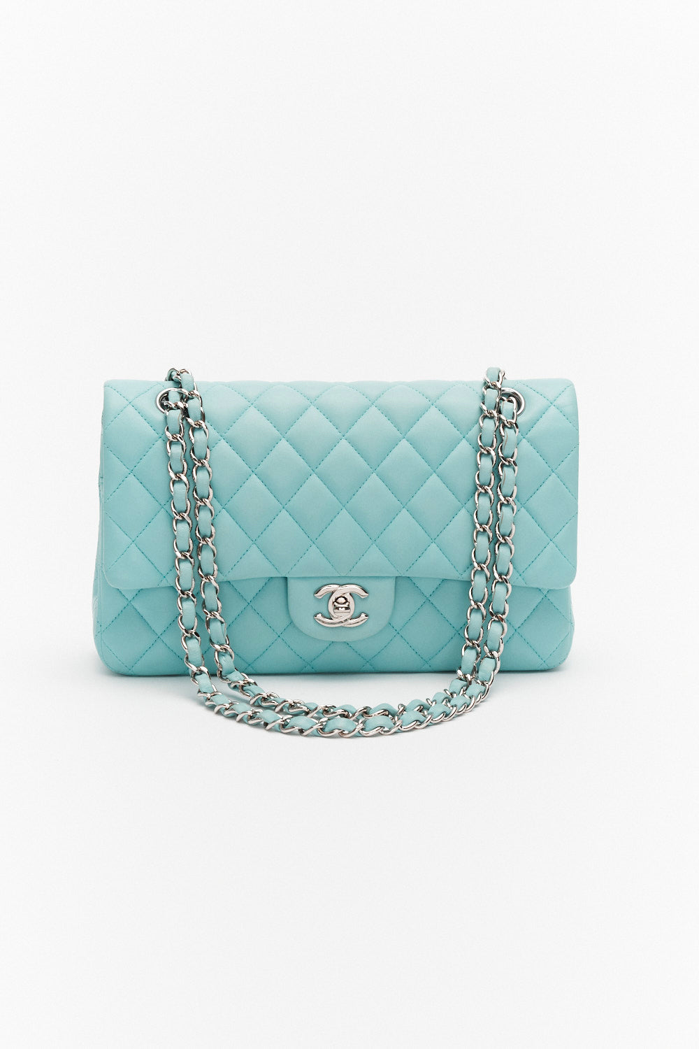 Chanel Medium Light Blue Classic Double Flap Bag in Lambskin Leather with Silver Hardware