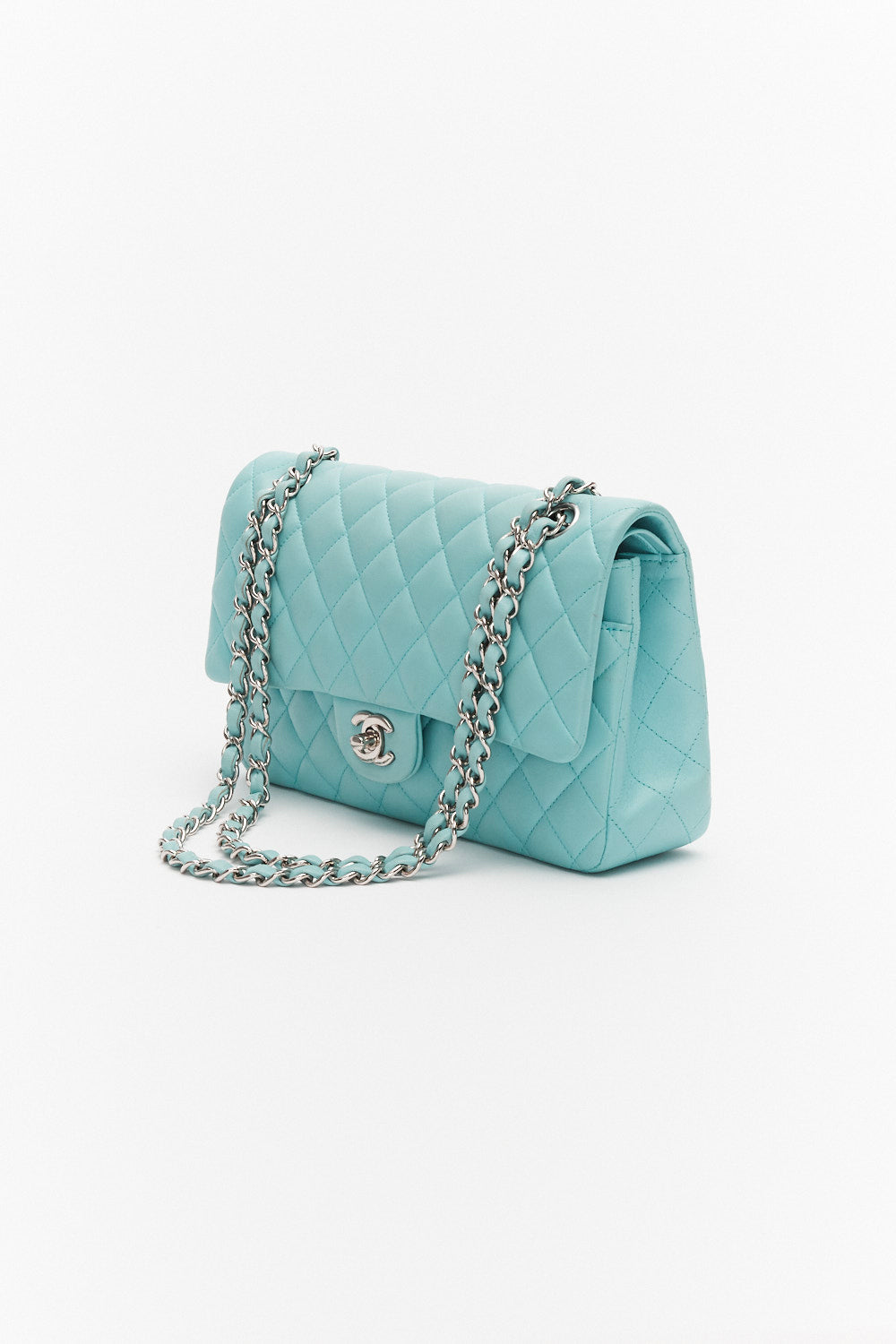 Chanel Medium Light Blue Classic Double Flap Bag in Lambskin Leather with Silver Hardware