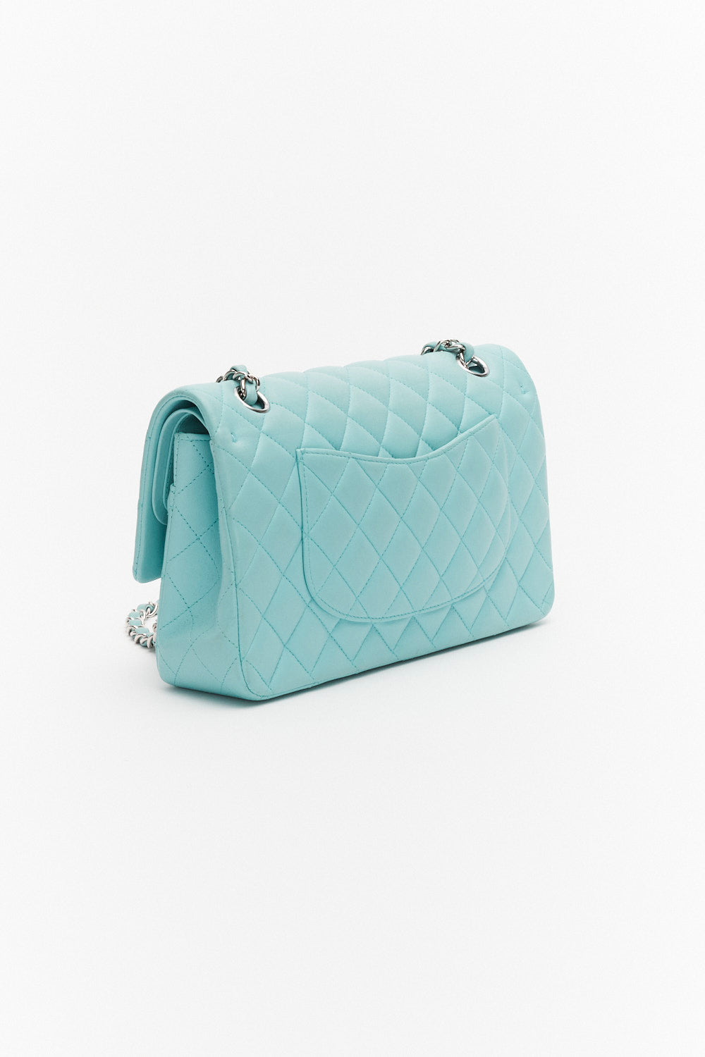 Chanel Medium Light Blue Classic Double Flap Bag in Lambskin Leather with Silver Hardware