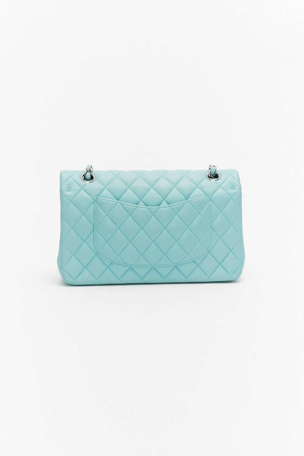 Chanel Medium Light Blue Classic Double Flap Bag in Lambskin Leather with Silver Hardware