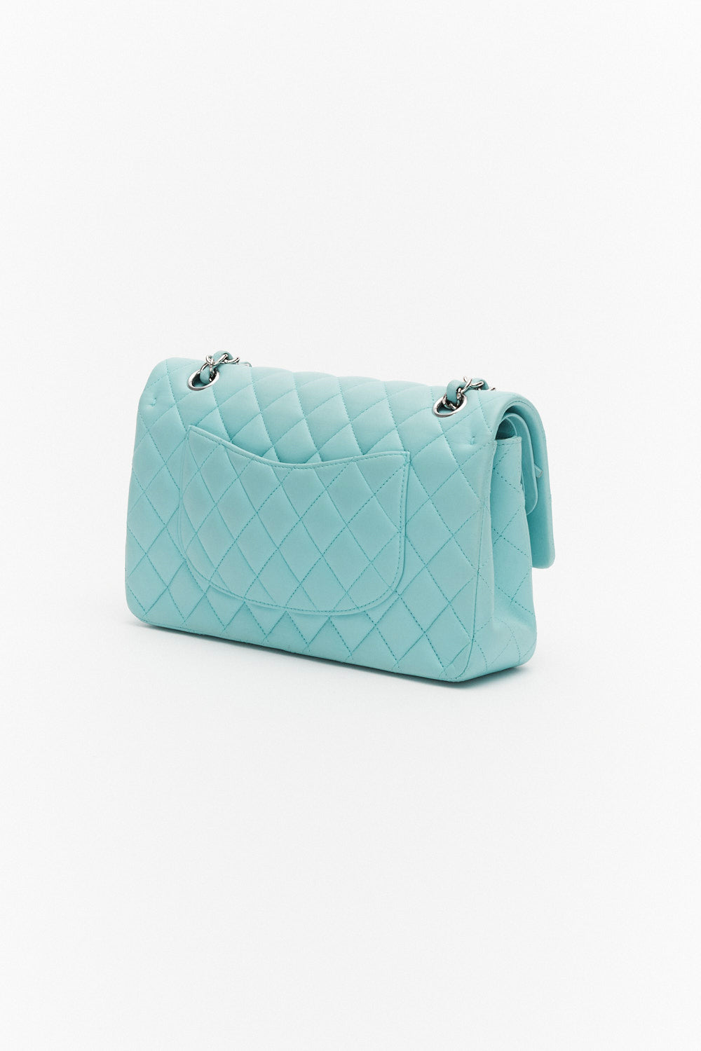 Chanel Medium Light Blue Classic Double Flap Bag in Lambskin Leather with Silver Hardware