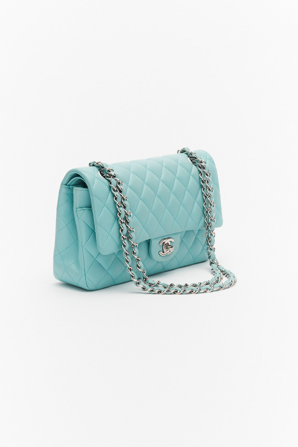 Chanel Medium Light Blue Classic Double Flap Bag in Lambskin Leather with Silver Hardware