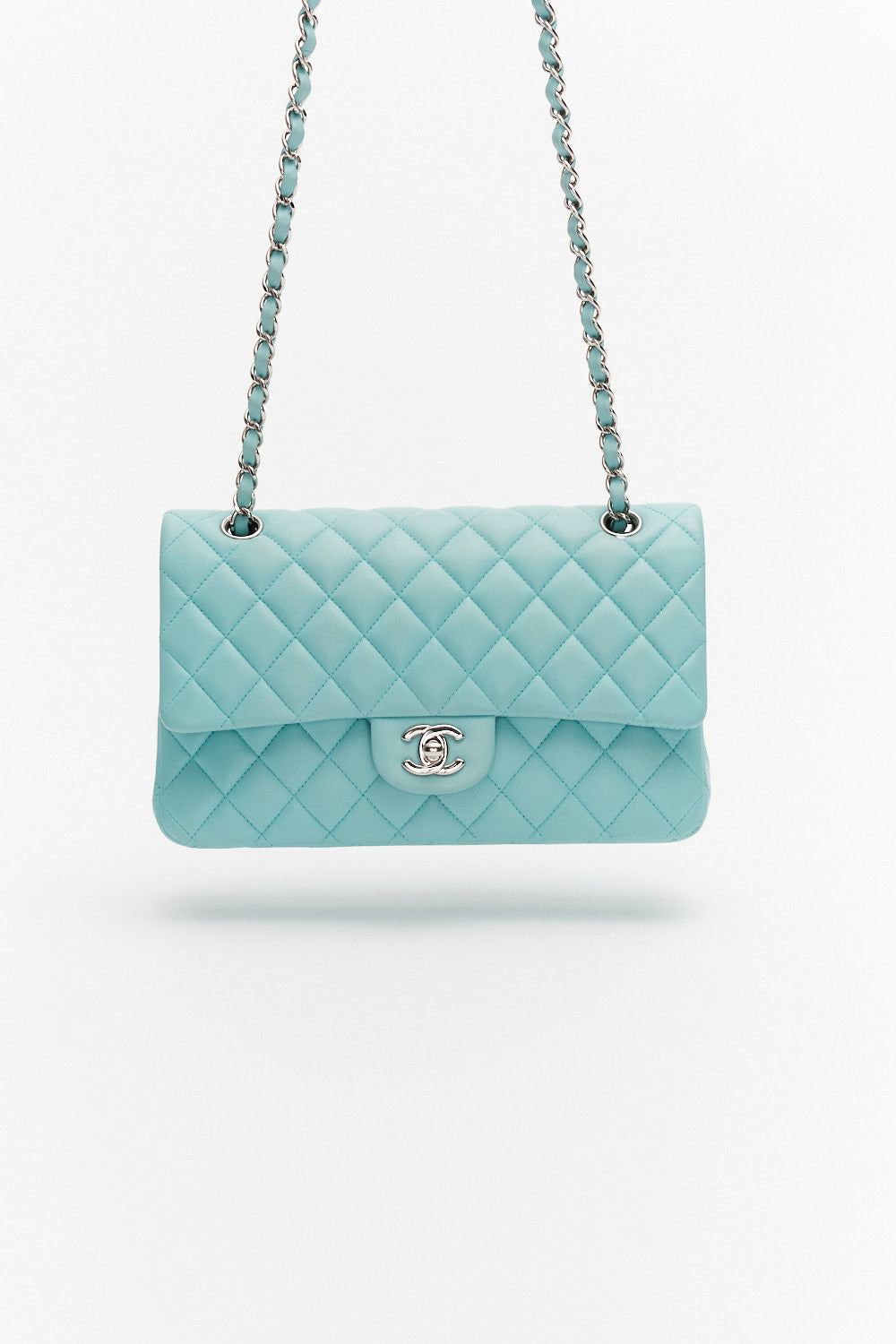 Chanel Medium Light Blue Classic Double Flap Bag in Lambskin Leather with Silver Hardware