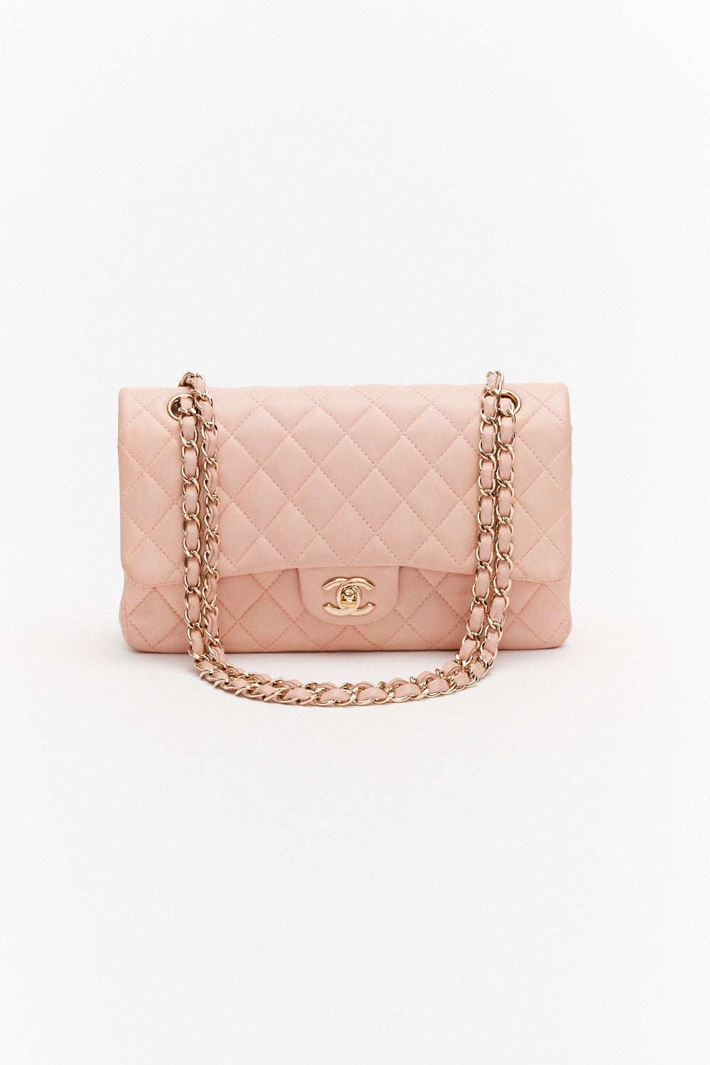 Chanel Medium Light Pink Classic Double Flap Bag in Lambskin Leather with Gold Hardware