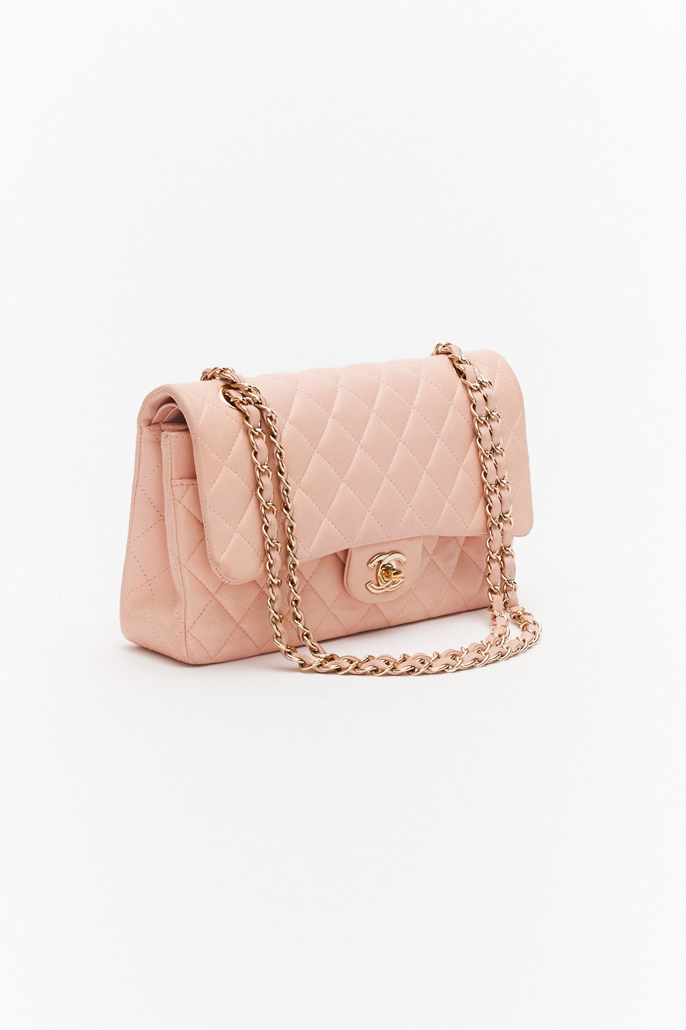 Chanel Medium Light Pink Classic Double Flap Bag in Lambskin Leather with Gold Hardware