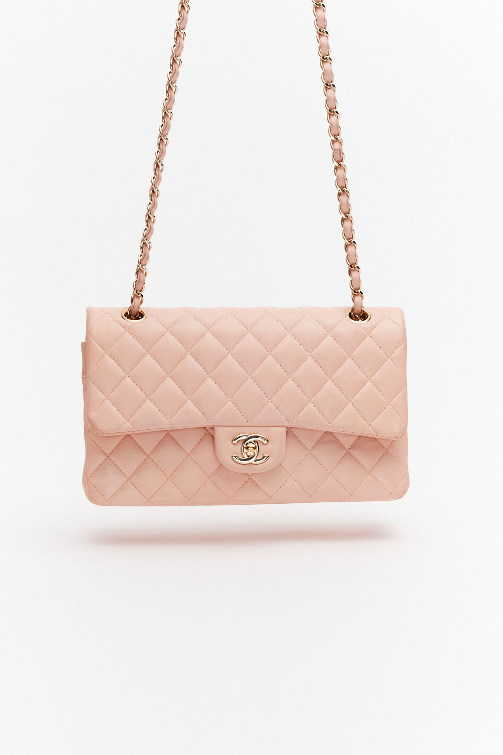 Chanel Medium Light Pink Classic Double Flap Bag in Lambskin Leather with Gold Hardware