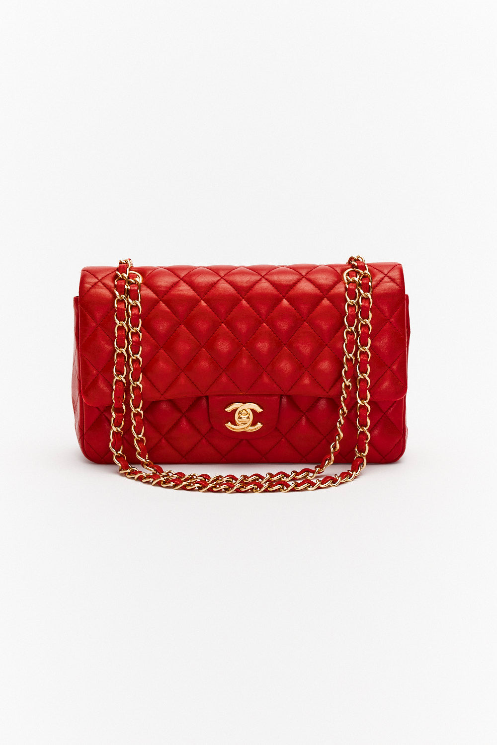 Chanel Medium Red Classic Double Flap Bag in Lambskin Leather with Gold Hardware