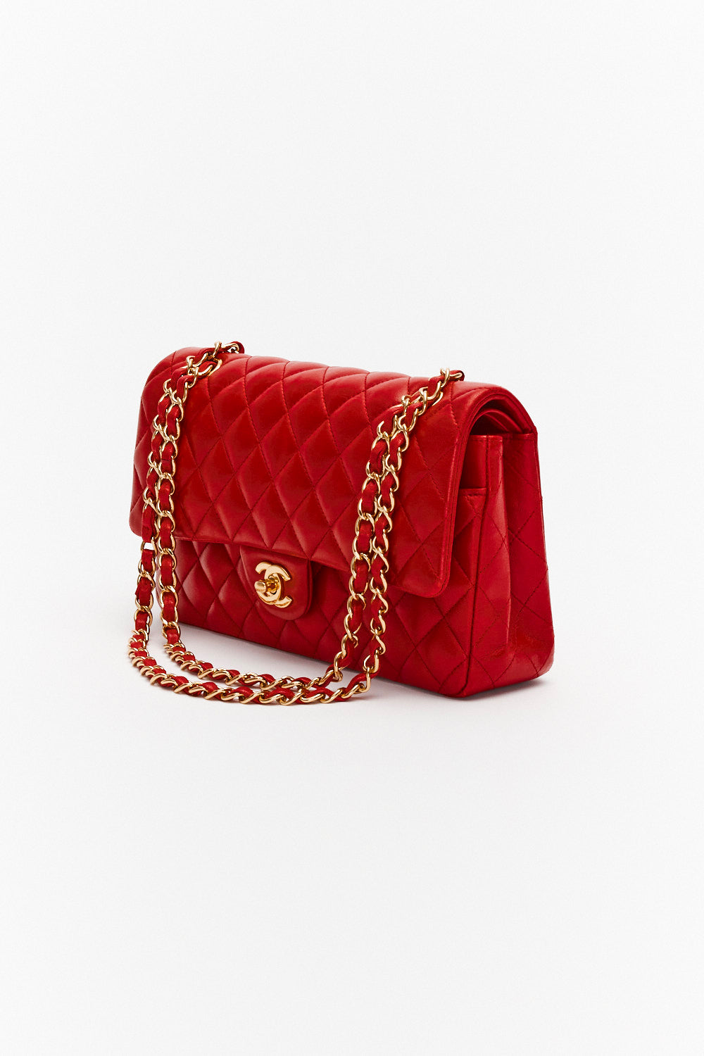 Chanel Medium Red Classic Double Flap Bag in Lambskin Leather with Gold Hardware