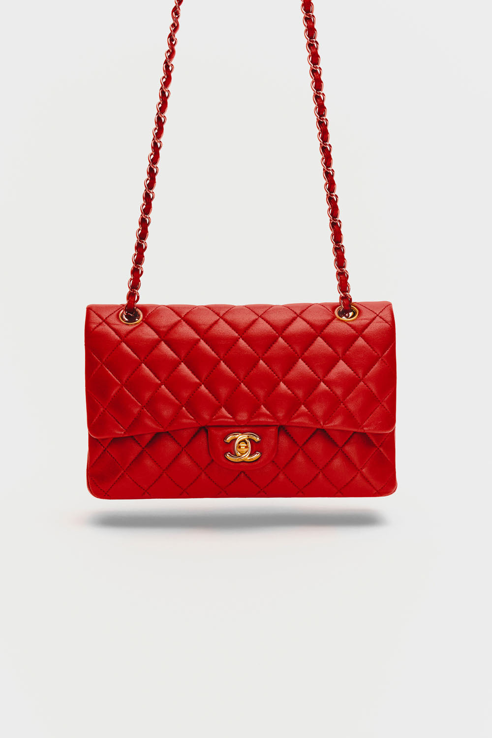 Chanel Medium Red Classic Double Flap Bag in Lambskin Leather with Gold Hardware