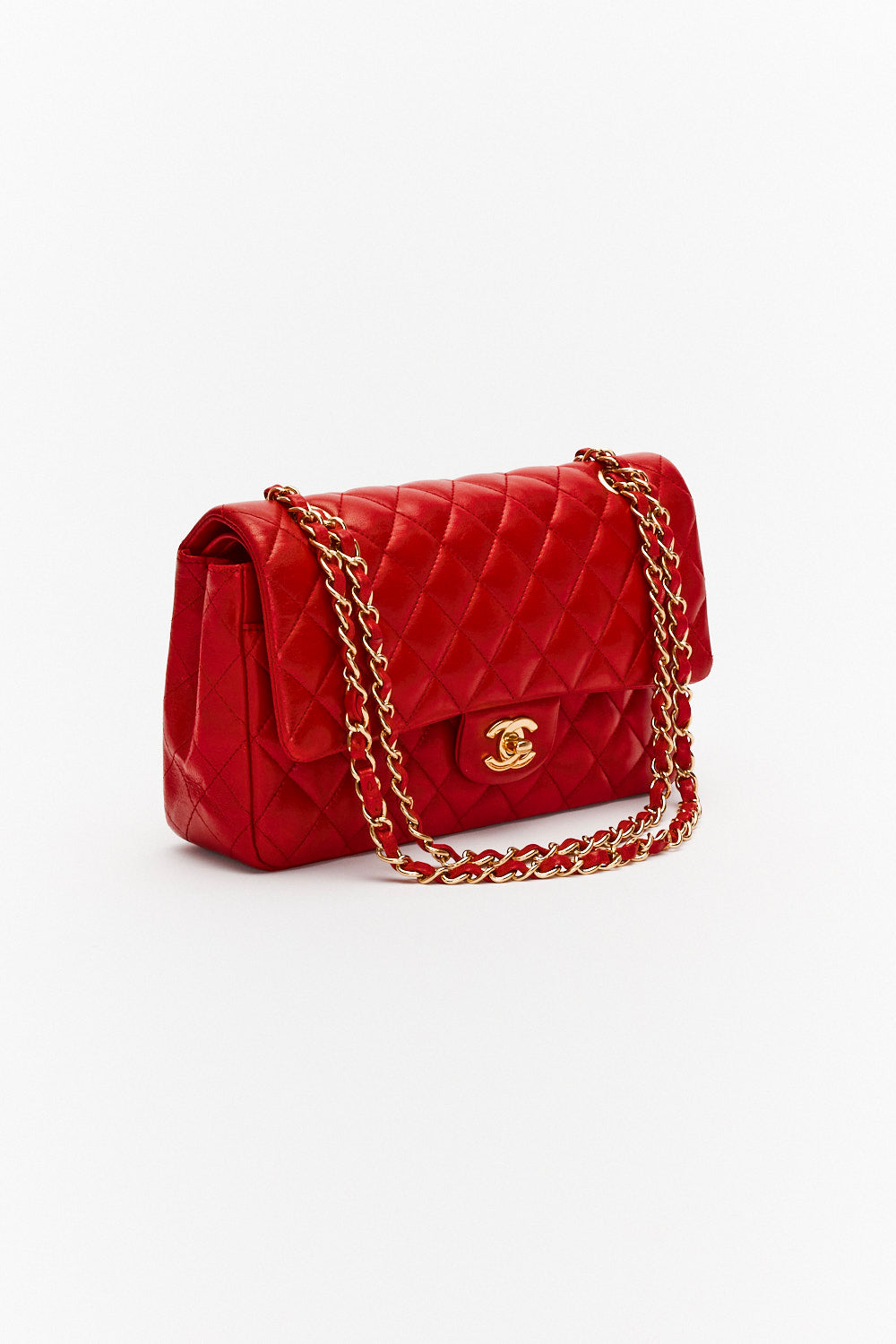 Chanel Medium Red Classic Double Flap Bag in Lambskin Leather with Gold Hardware