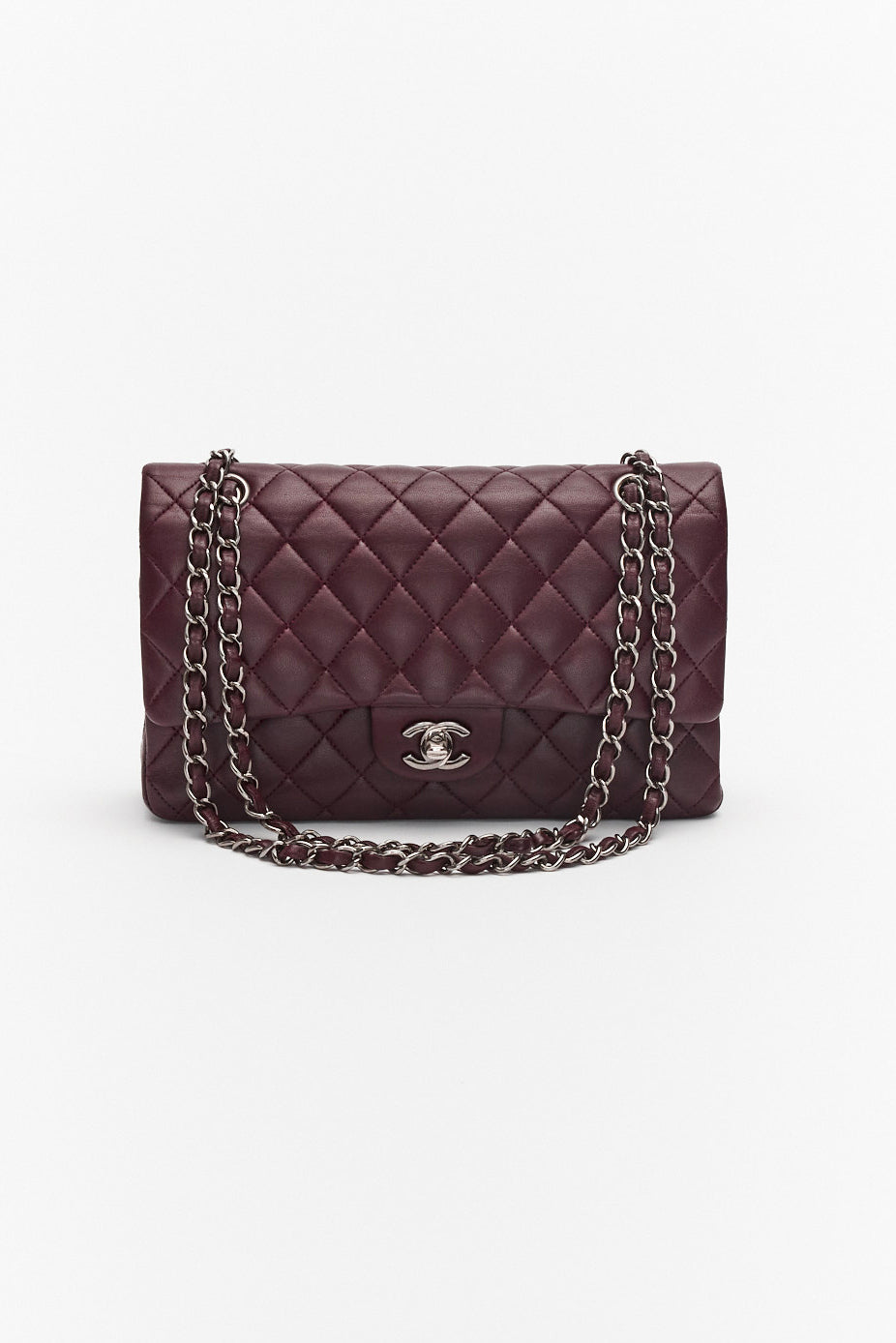 Chanel Medium Dark Purple Classic Double Flap Bag in Lambskin Leather with Silver Hardware