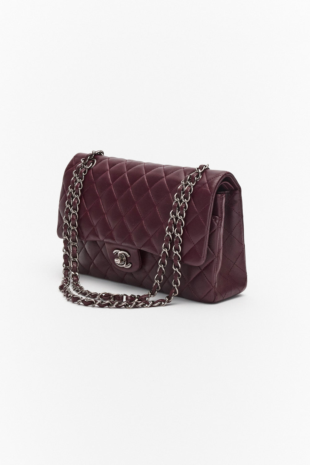 Chanel Medium Dark Purple Classic Double Flap Bag in Lambskin Leather with Silver Hardware