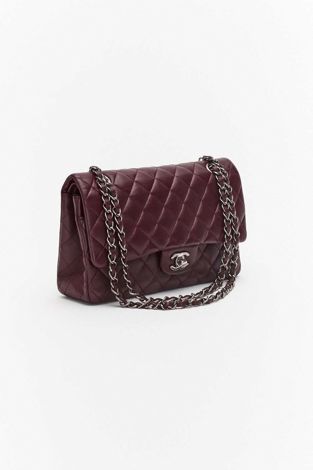 Chanel Medium Dark Purple Classic Double Flap Bag in Lambskin Leather with Silver Hardware