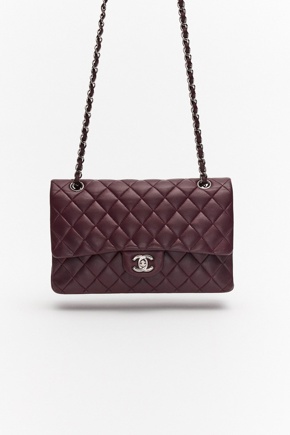 Chanel Medium Dark Purple Classic Double Flap Bag in Lambskin Leather with Silver Hardware