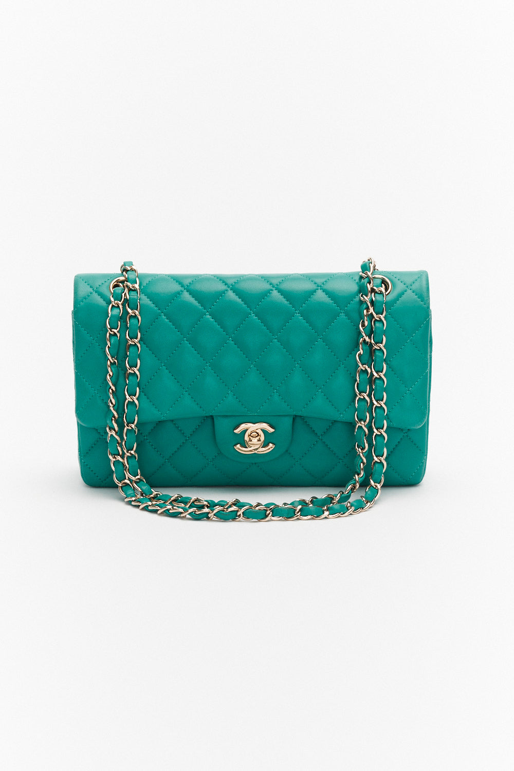 Chanel Medium Turquoise Classic Double Flap Bag in Lambskin Leather Bag with Gold Hardware