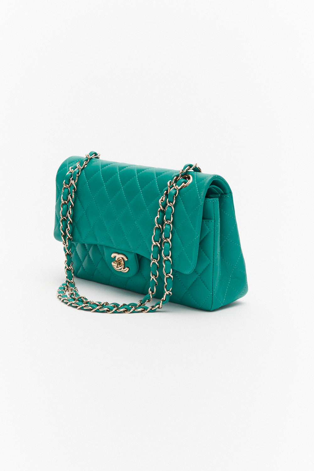 Chanel Medium Turquoise Classic Double Flap Bag in Lambskin Leather Bag with Gold Hardware