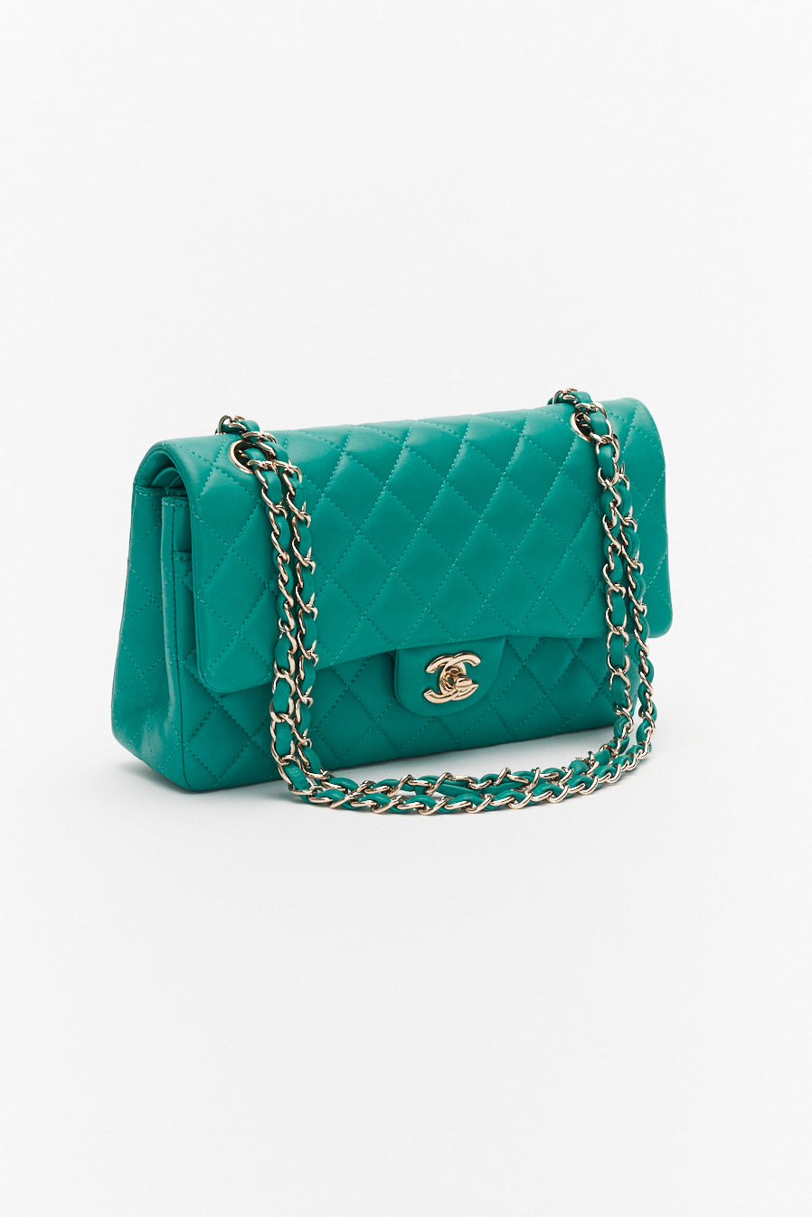 Chanel Medium Turquoise Classic Double Flap Bag in Lambskin Leather Bag with Gold Hardware