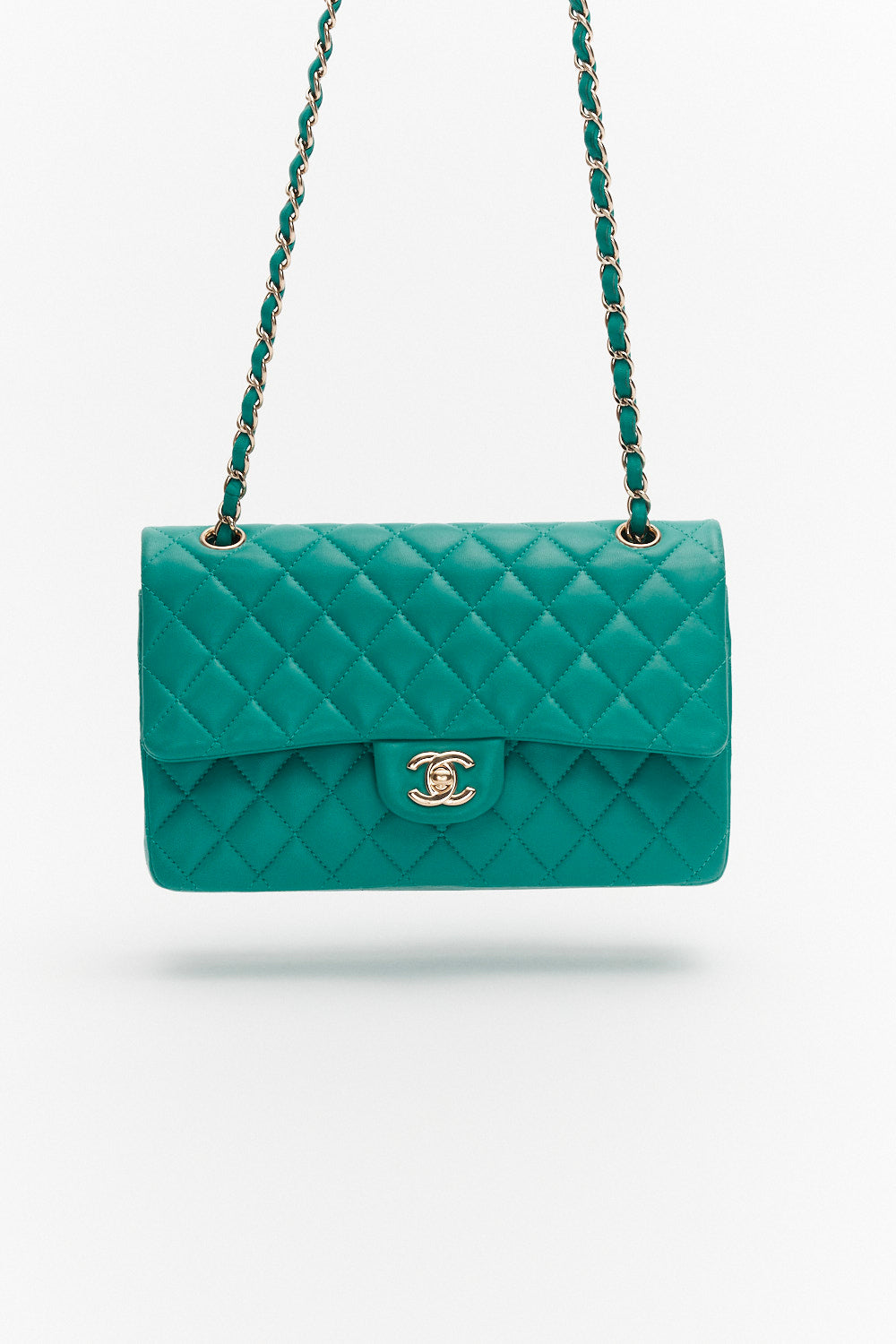 Chanel Medium Turquoise Classic Double Flap Bag in Lambskin Leather Bag with Gold Hardware