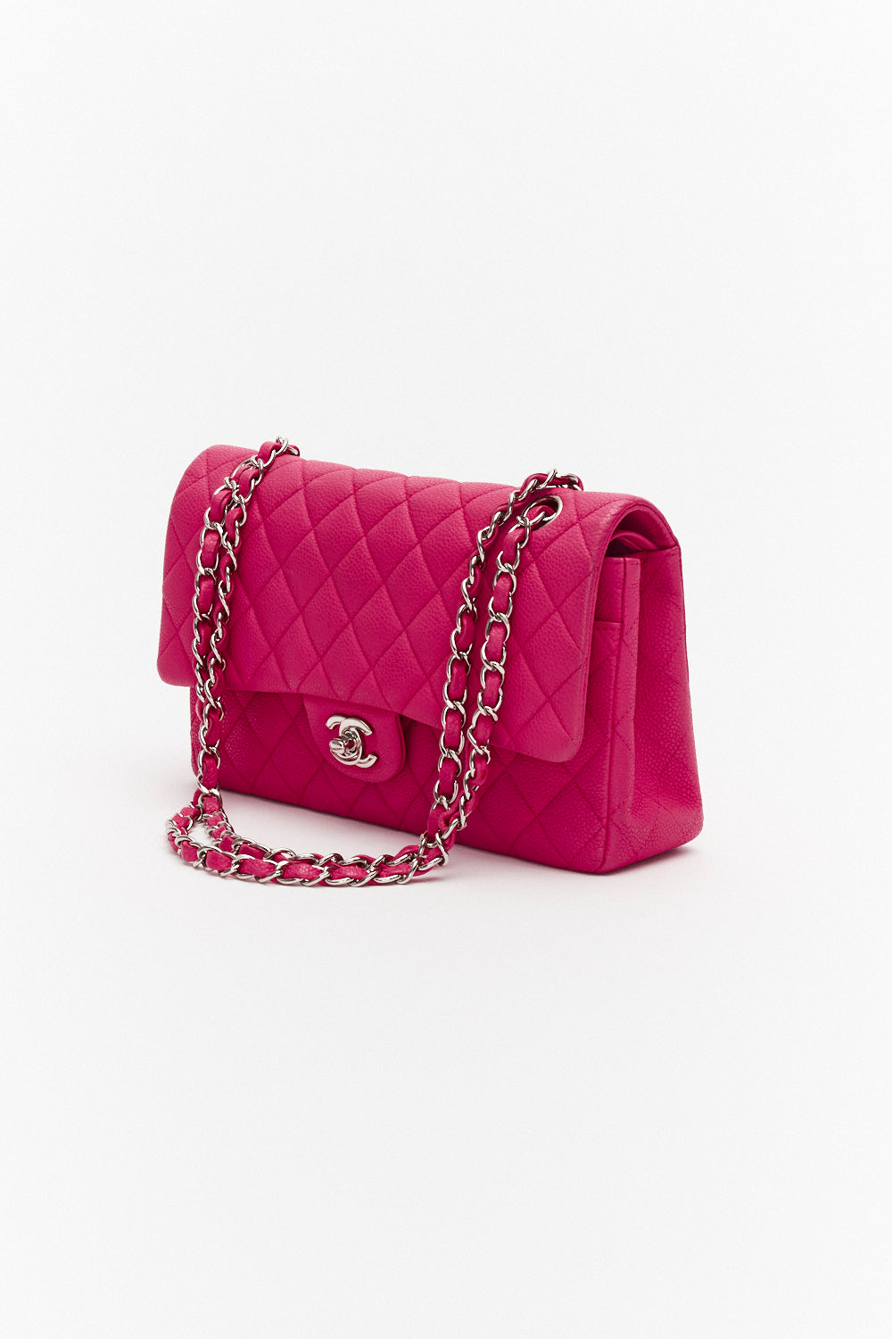 Chanel Medium Pink Classic Double Flap Bag in Caviar Leather with Silver Hardware