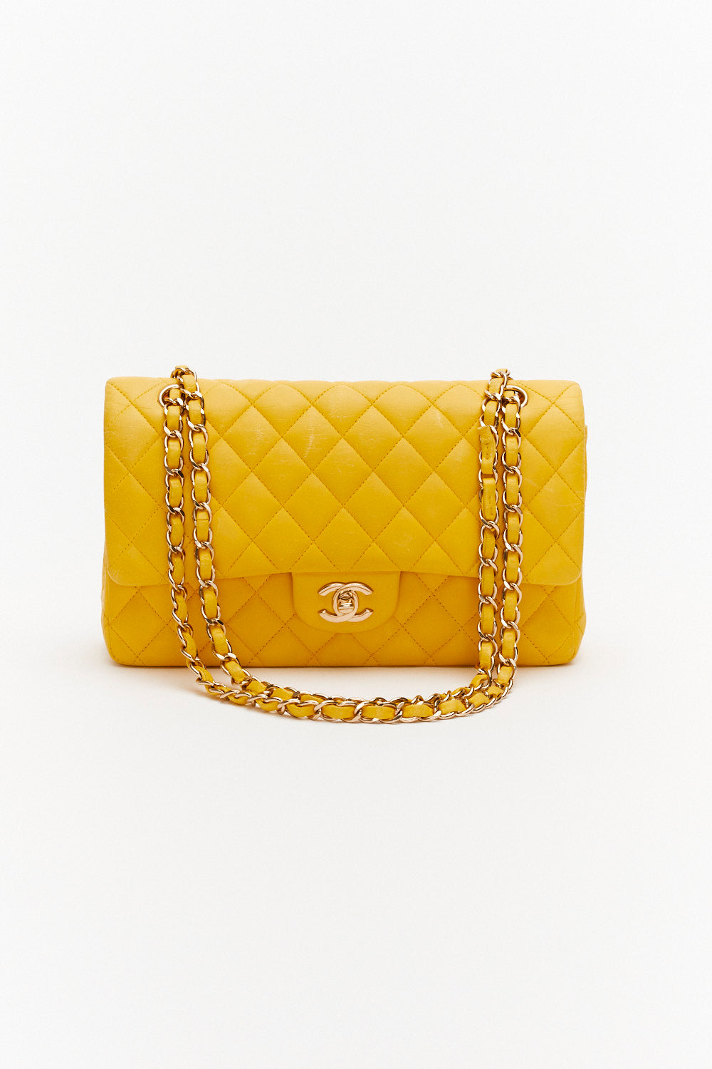 Chanel Medium Yellow Classic Double Flap Bag in Lambskin Leather with Gold Hardware