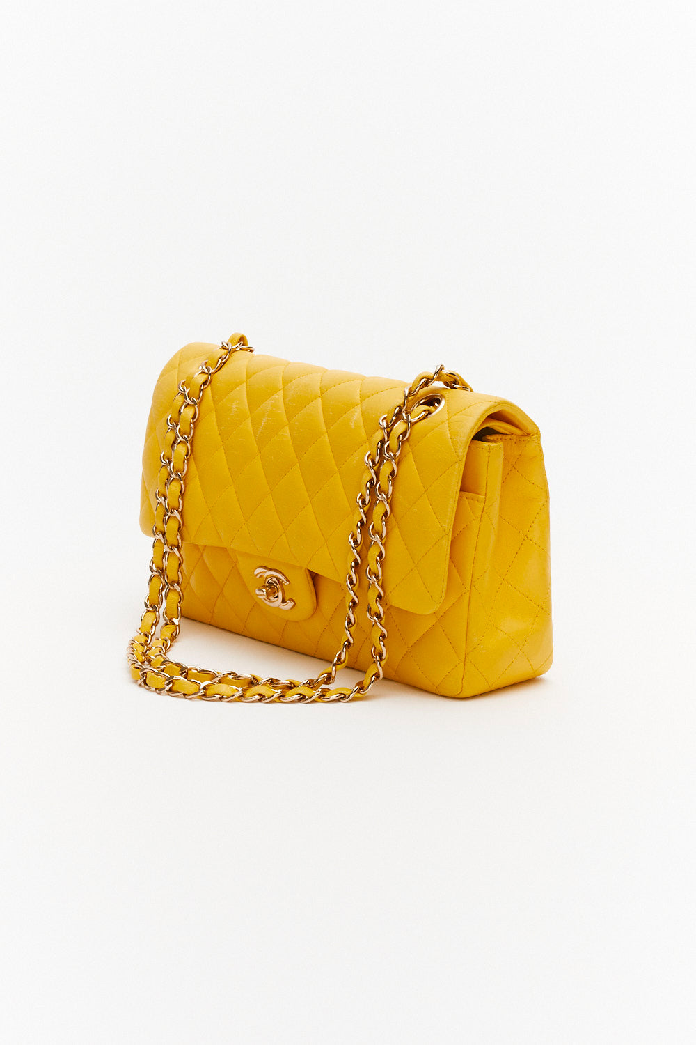 Chanel Medium Yellow Classic Double Flap Bag in Lambskin Leather with Gold Hardware