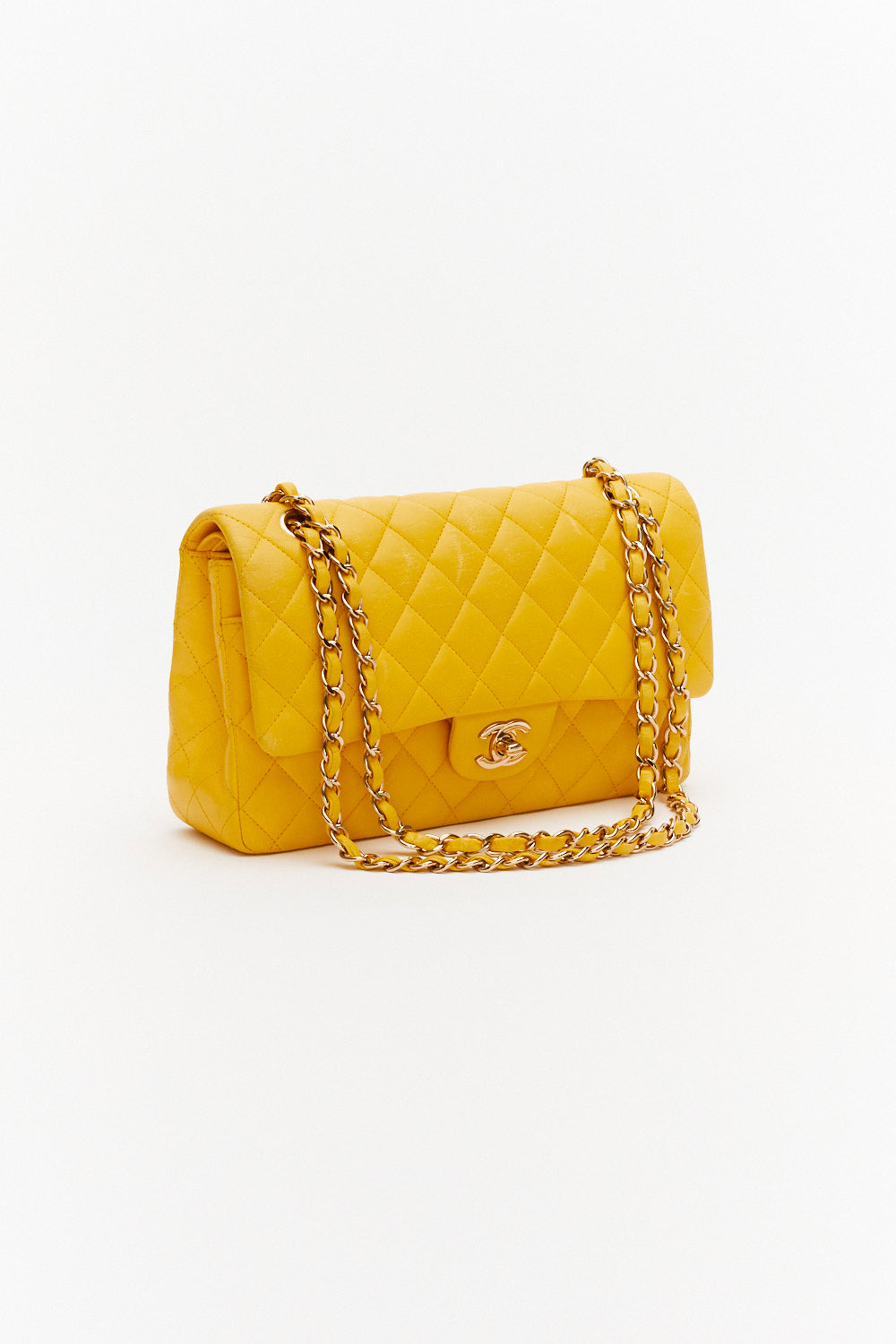 Chanel Medium Yellow Classic Double Flap Bag in Lambskin Leather with Gold Hardware