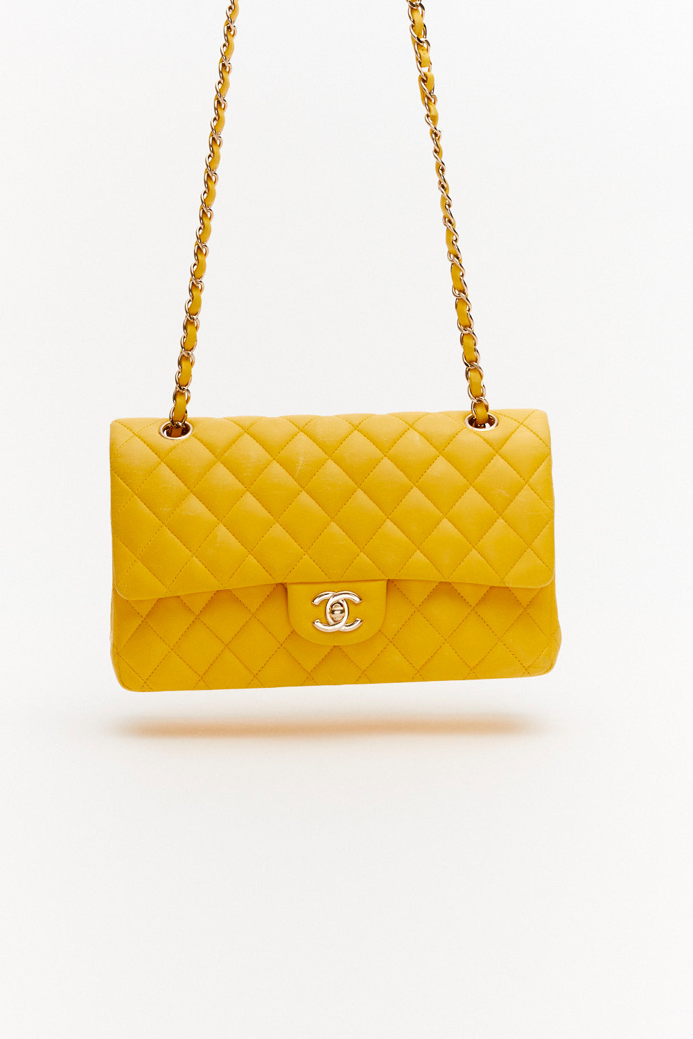 Chanel Medium Yellow Classic Double Flap Bag in Lambskin Leather with Gold Hardware