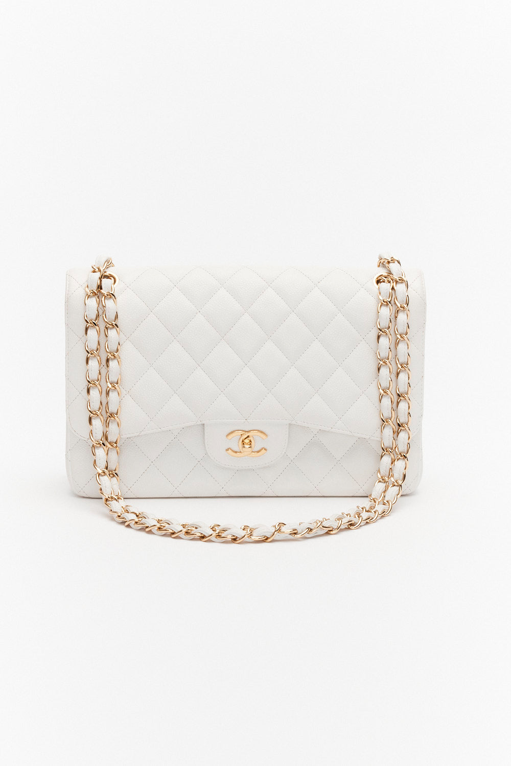 Chanel Jumbo White Classic Double Flap Bag in Caviar Leather with Gold Hardware