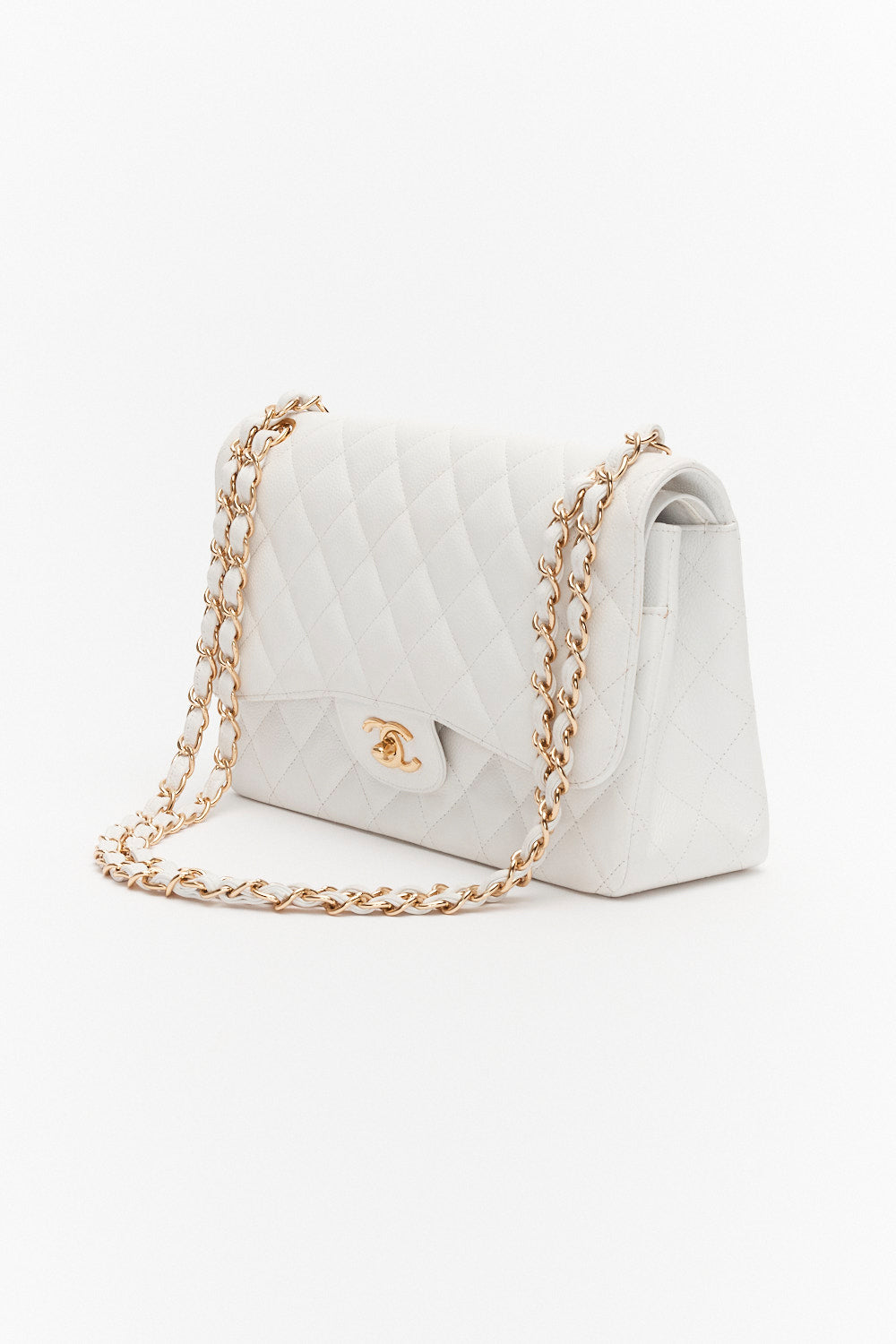 Chanel Jumbo White Classic Double Flap Bag in Caviar Leather with Gold Hardware