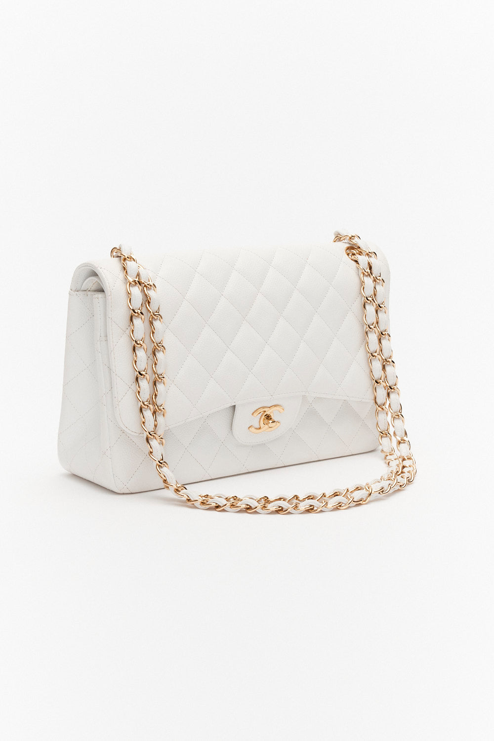 Chanel Jumbo White Classic Double Flap Bag in Caviar Leather with Gold Hardware