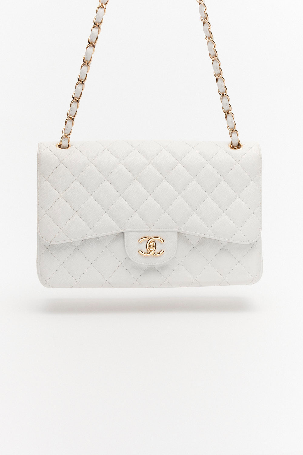 Chanel Jumbo White Classic Double Flap Bag in Caviar Leather with Gold Hardware