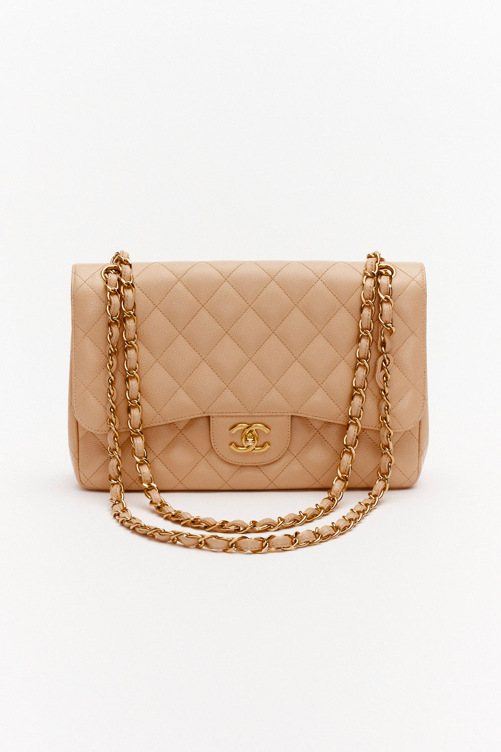 Chanel Jumbo Beige Classic Double Flap Bag in Caviar Leather with Gold Hardware