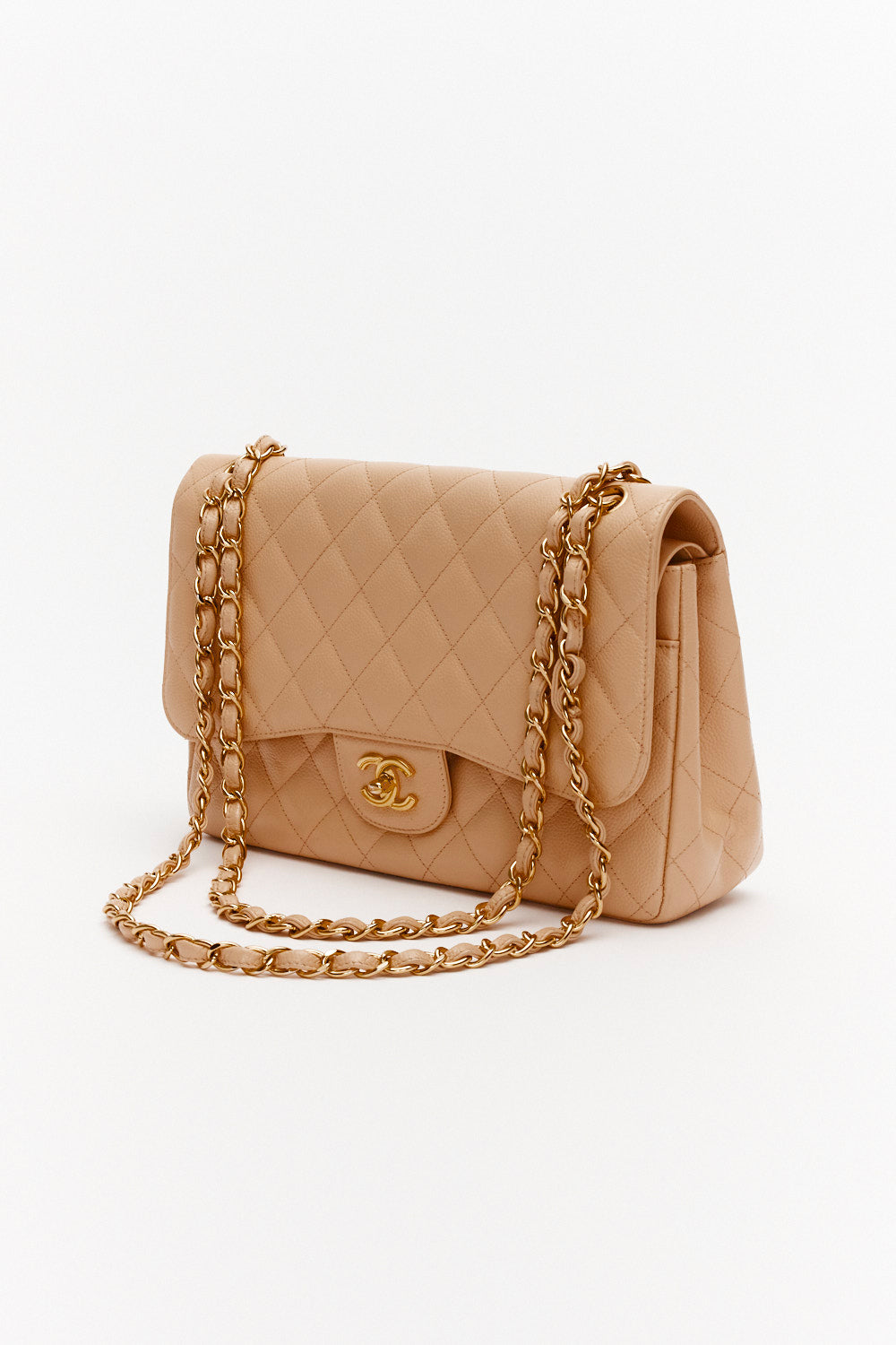 Chanel Jumbo Beige Classic Double Flap Bag in Caviar Leather with Gold Hardware