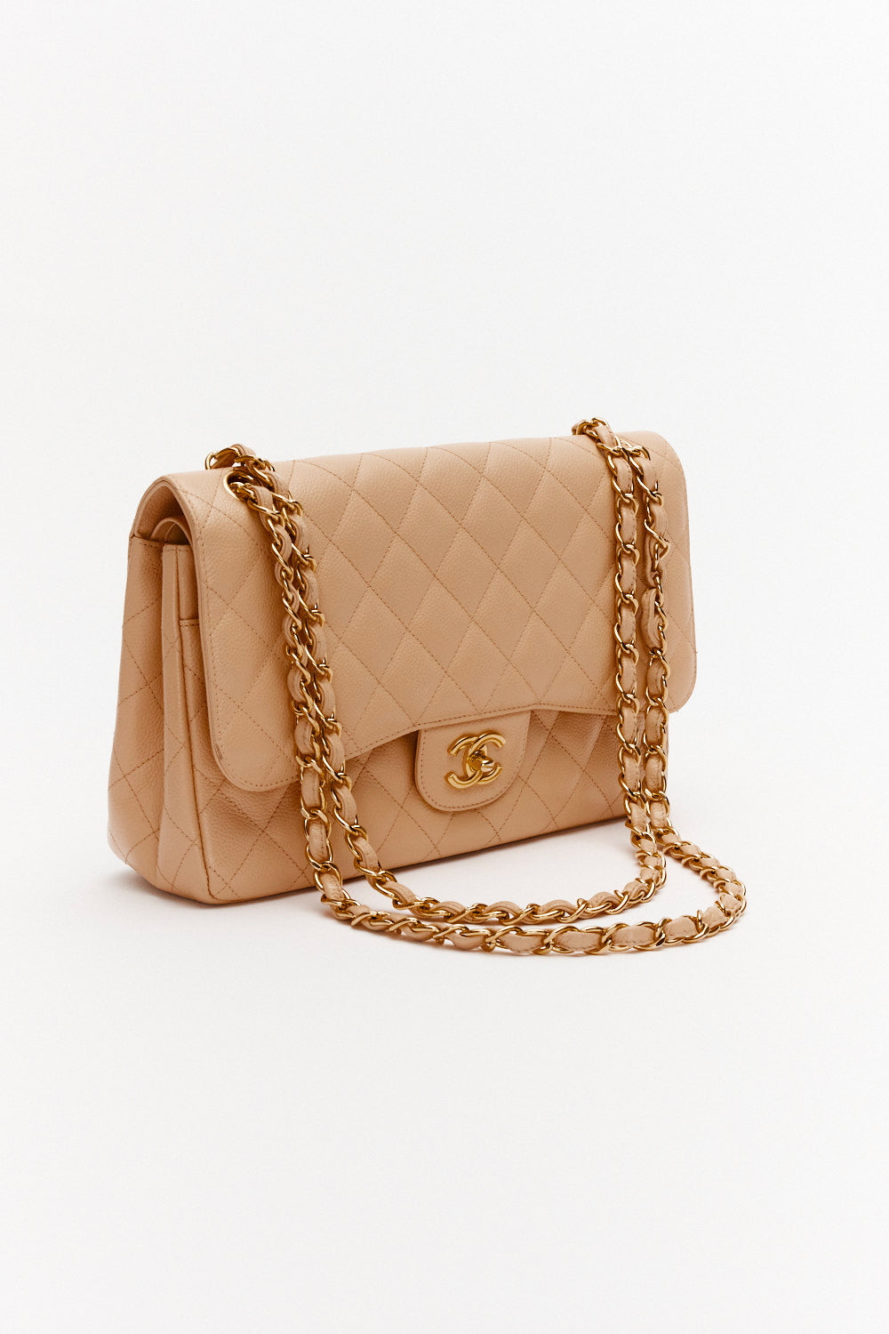 Chanel Jumbo Beige Classic Double Flap Bag in Caviar Leather with Gold Hardware