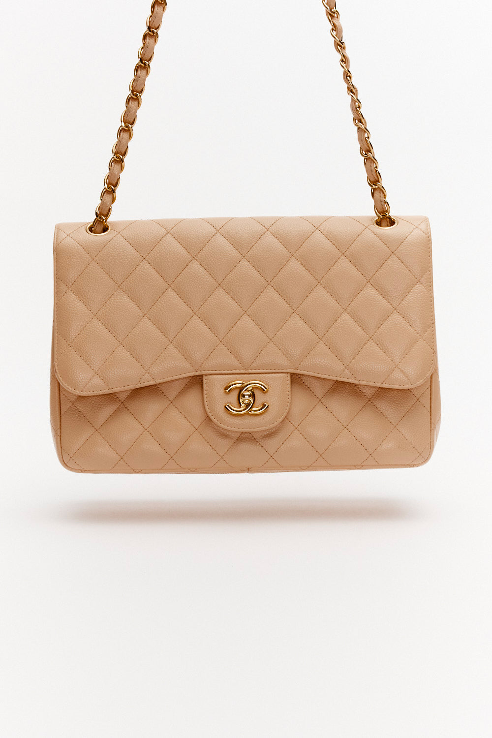 Chanel Jumbo Beige Classic Double Flap Bag in Caviar Leather with Gold Hardware