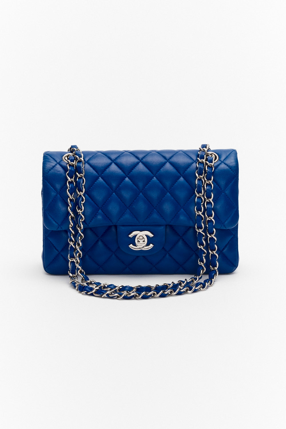 Chanel Small Royal Blue Classic Double Flap Bag in Lambskin Leather with Silver Hardware