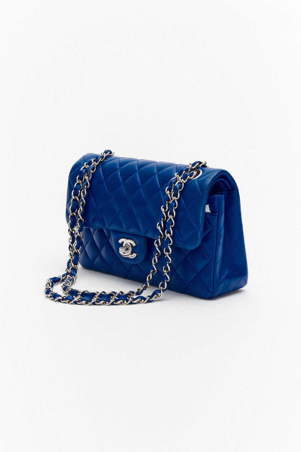 Chanel Small Royal Blue Classic Double Flap Bag in Lambskin Leather with Silver Hardware