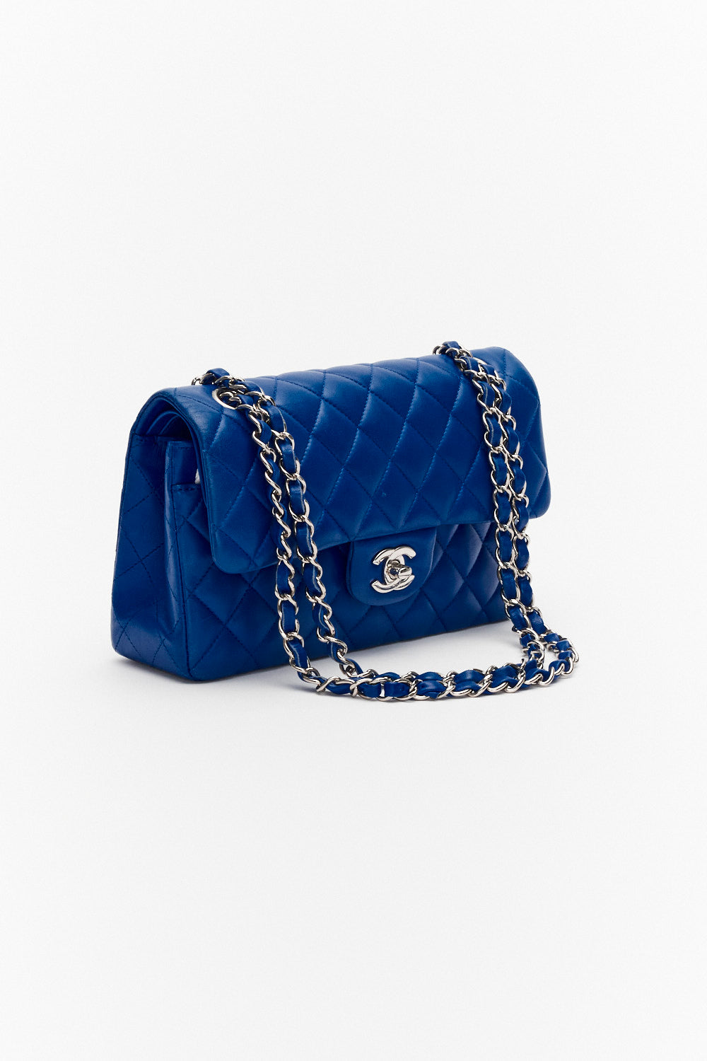 Chanel Small Royal Blue Classic Double Flap Bag in Lambskin Leather with Silver Hardware