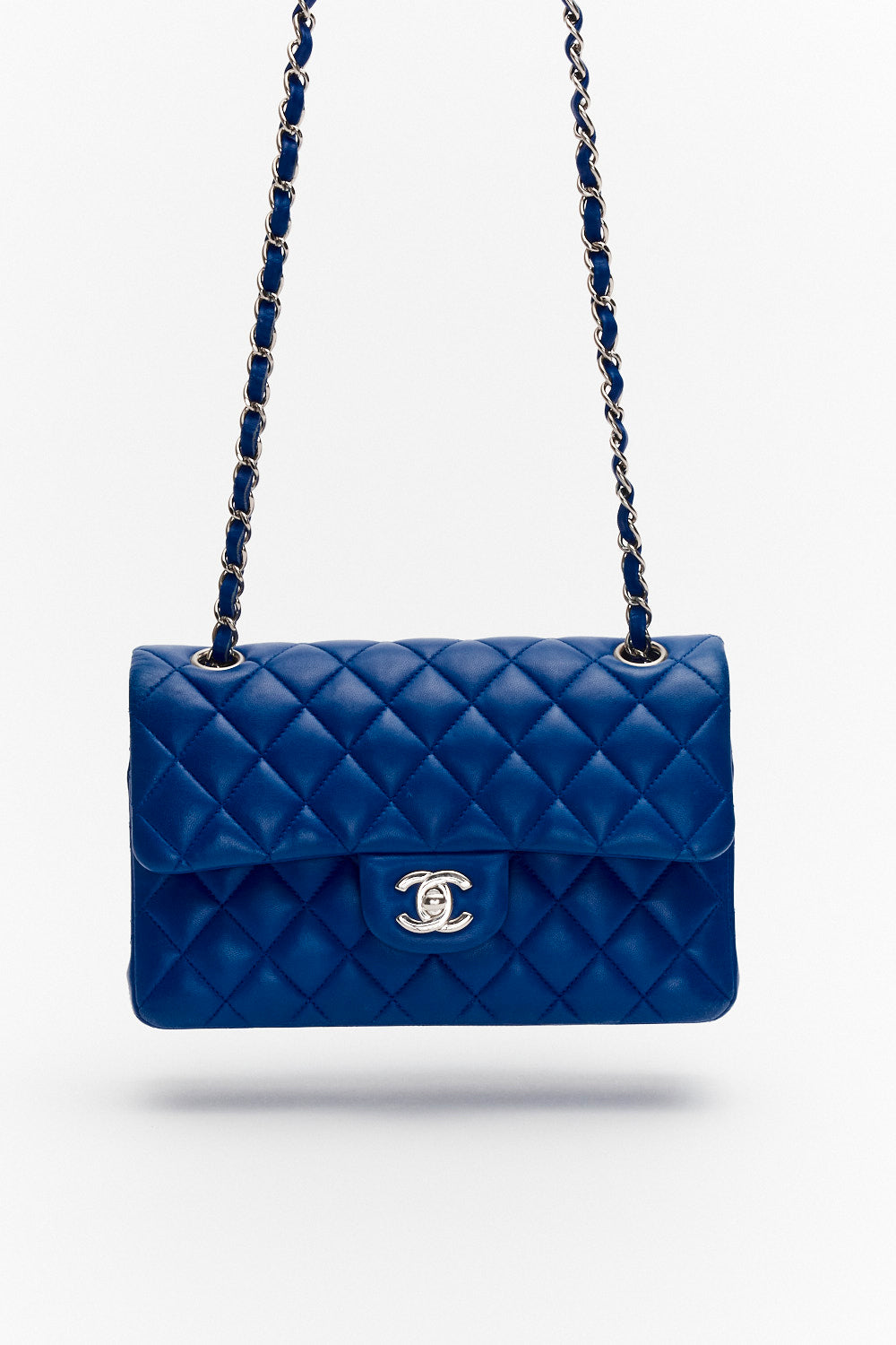 Chanel Small Royal Blue Classic Double Flap Bag in Lambskin Leather with Silver Hardware