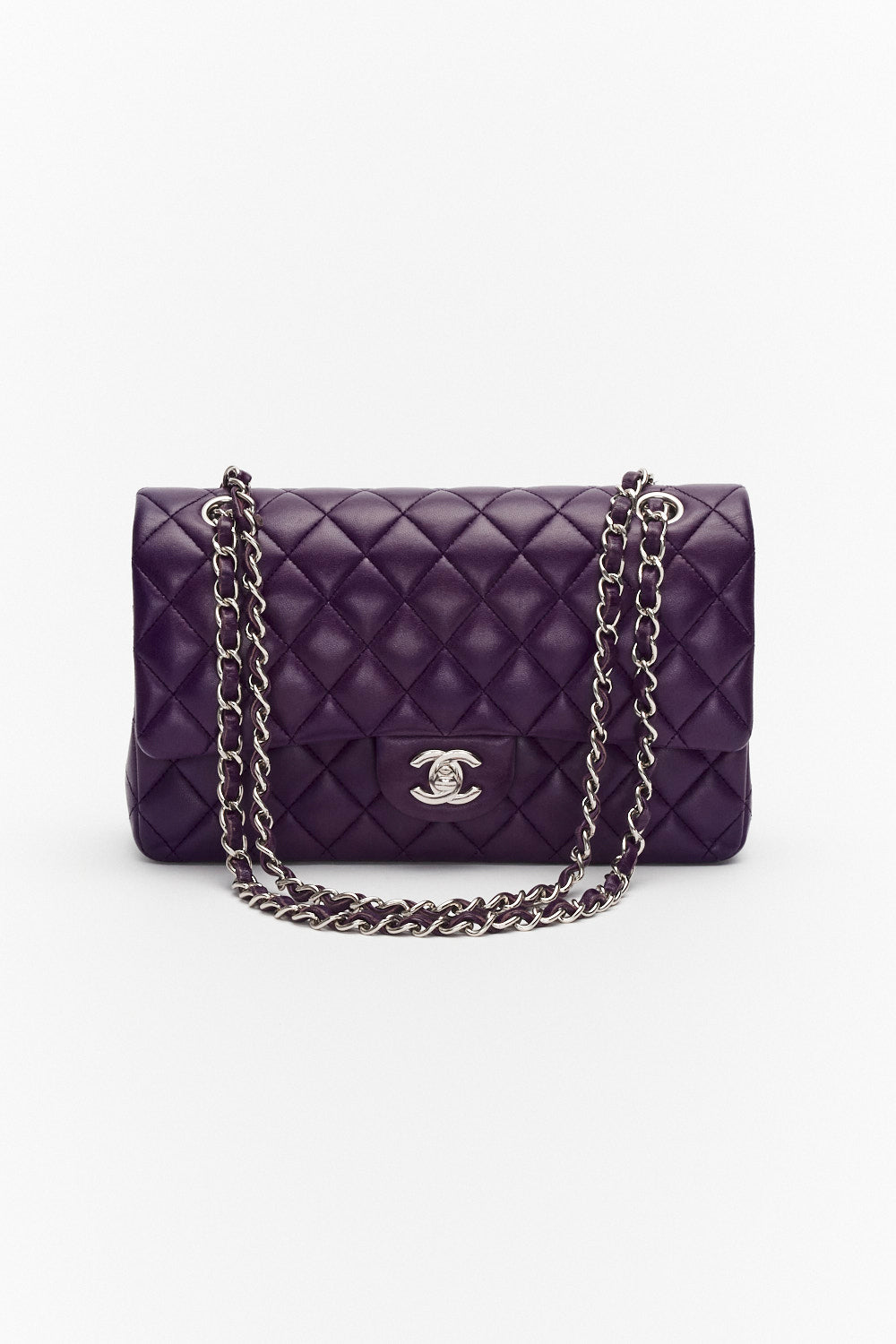 Chanel Medium Purple Classic Double Flap Bag in Lambskin Leather with Silver Hardware