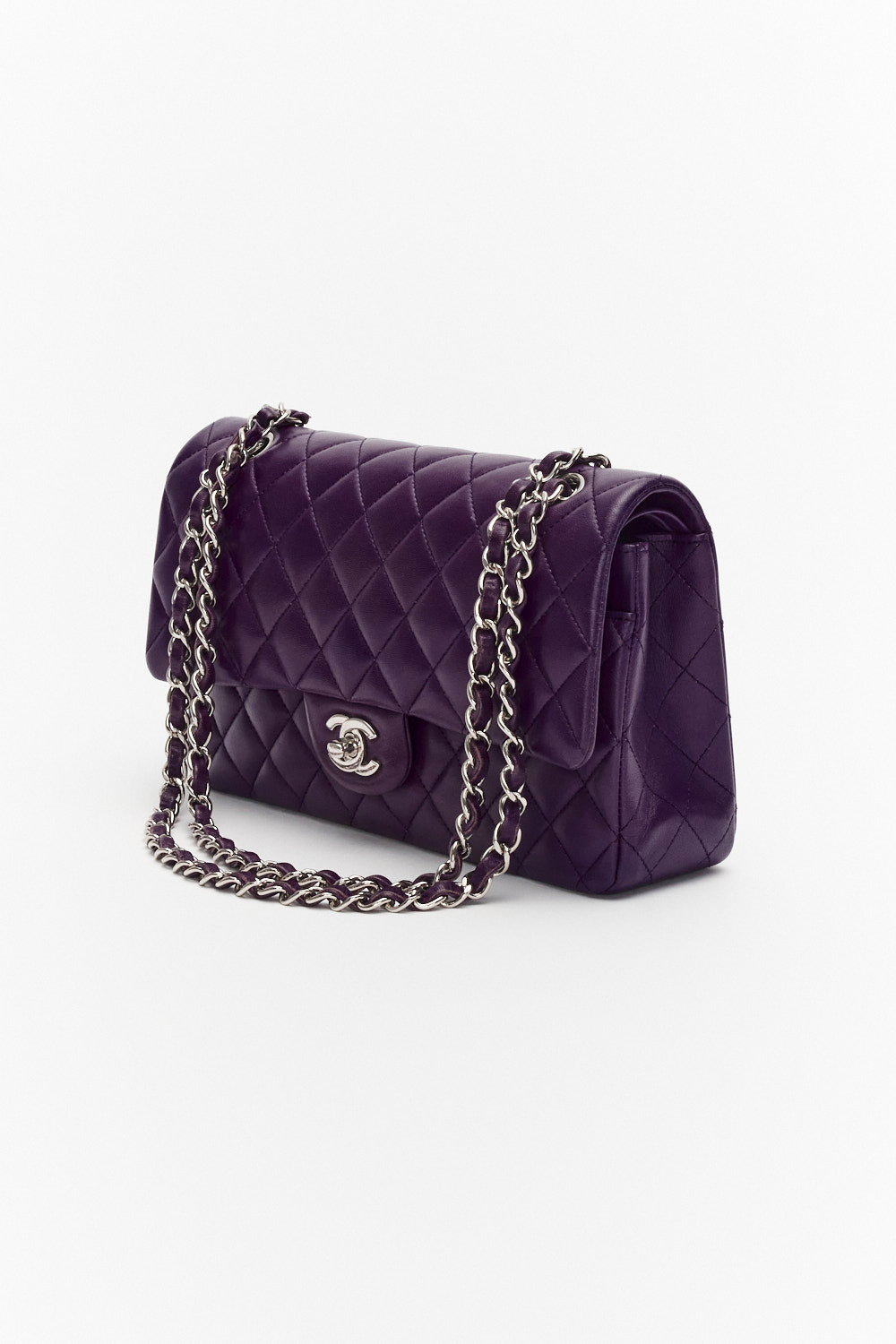 Chanel Medium Purple Classic Double Flap Bag in Lambskin Leather with Silver Hardware