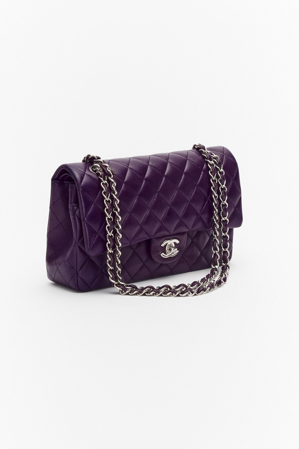 Chanel Medium Purple Classic Double Flap Bag in Lambskin Leather with Silver Hardware